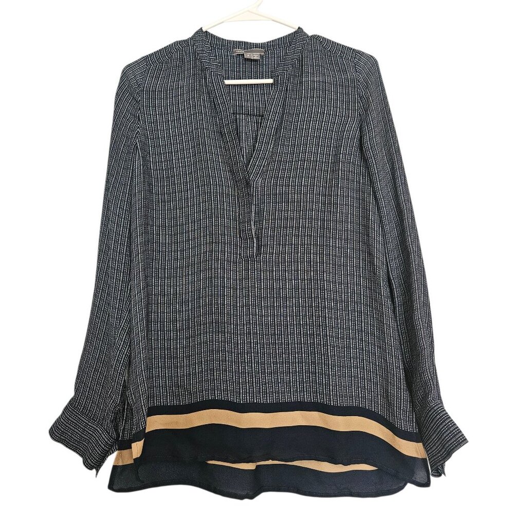 Vince 100% Silk Women's Blouse SZ Small Navy/Beige Hem Long sleeve Top Career